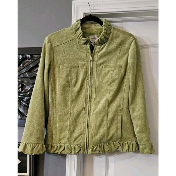 Chico's Jackets & Blazers - Chicos Womens Size M/8 Corduory Jacket Chartreuse Green Ruffle Neck Full Zip